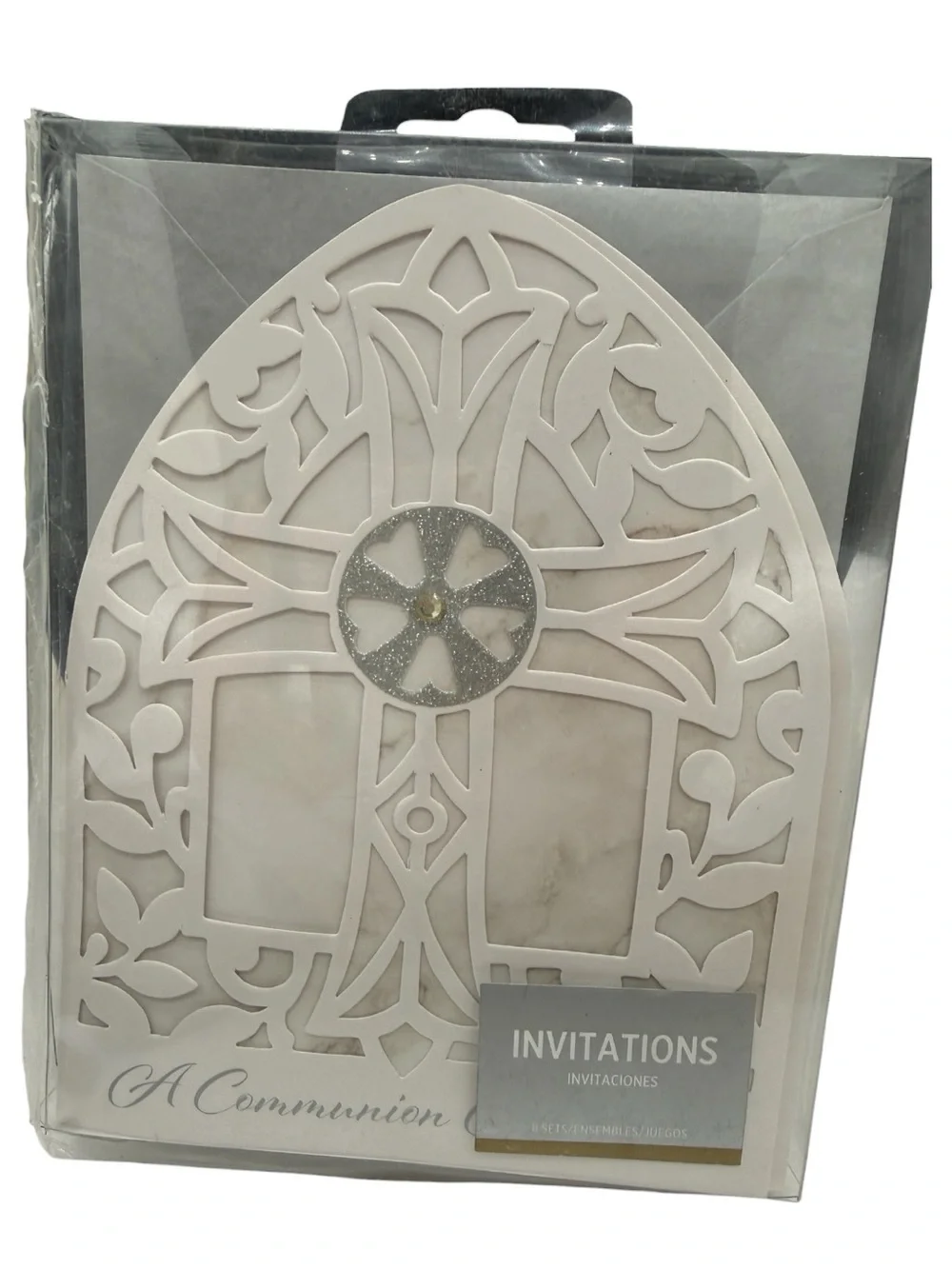 Amscan White Communion Invitations- Marbled Cross with Silver Accent